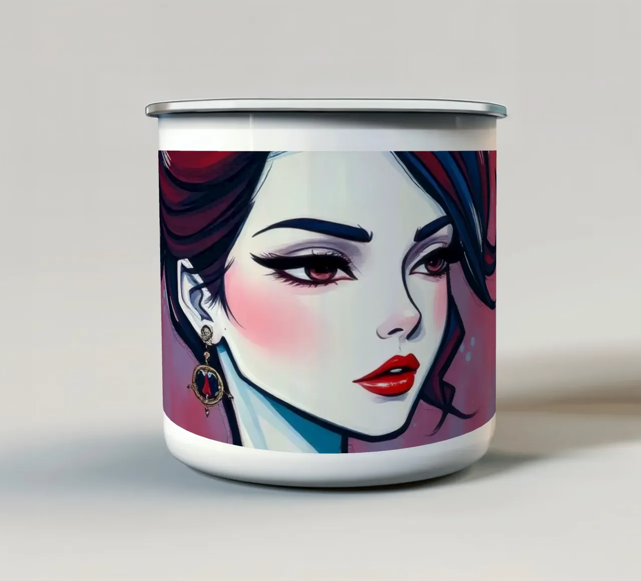 Donna elegante dai tratti marcati e dall'acconciatura audace in posa tazza in smalto da DesignDoodle