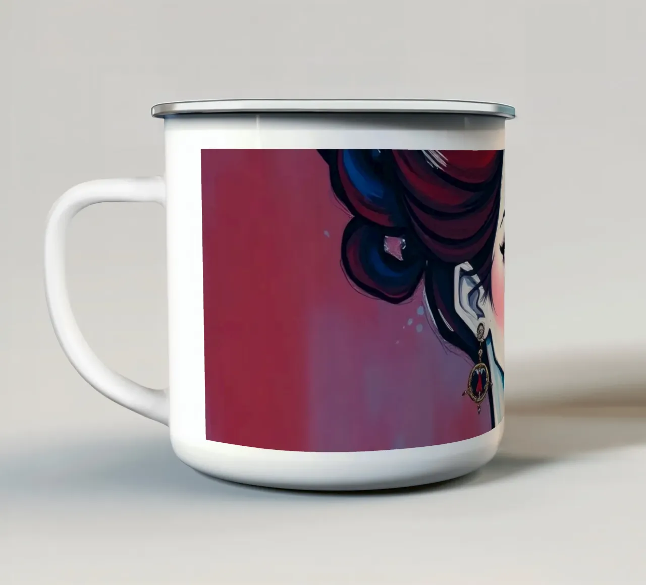 Donna elegante dai tratti marcati e dall'acconciatura audace in posa tazza in smalto da DesignDoodle