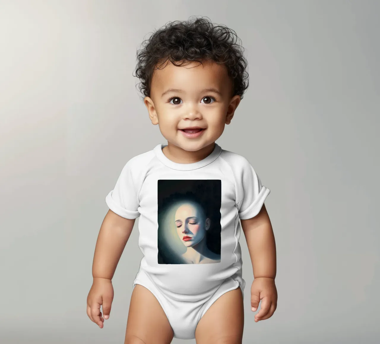 Femme chauve aux yeux fermés éclairée doucement dans une pièce sombre body bébé de DesignDoodle