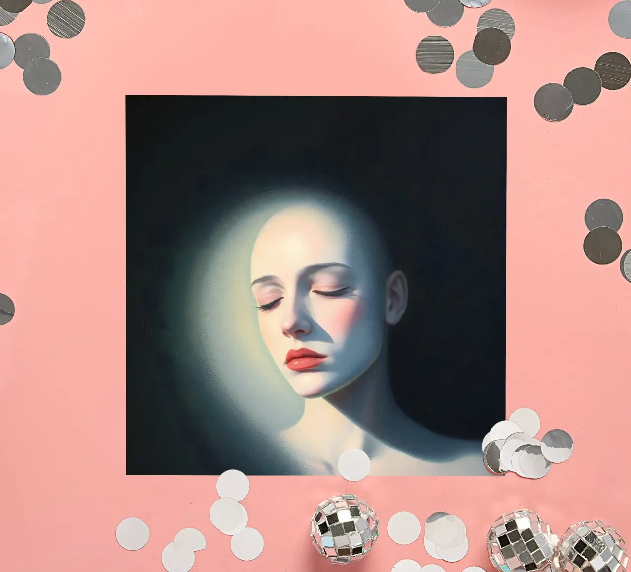 Femme chauve aux yeux fermés éclairée doucement dans une pièce sombre autocollant de DesignDoodle