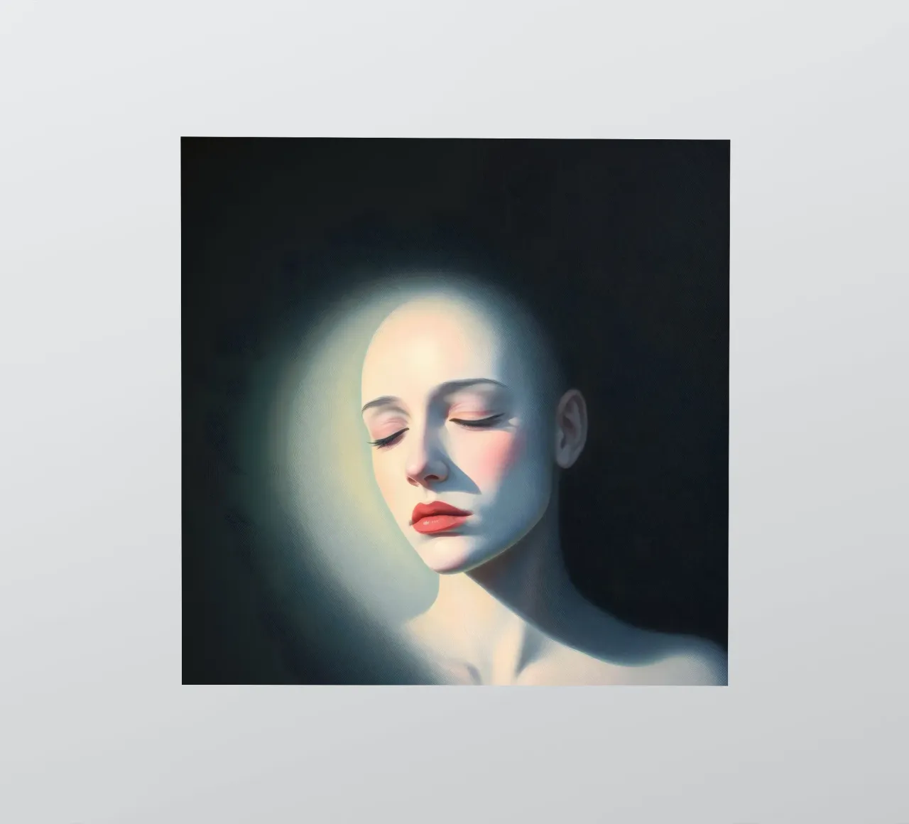 Femme chauve aux yeux fermés éclairée doucement dans une pièce sombre autocollant de DesignDoodle