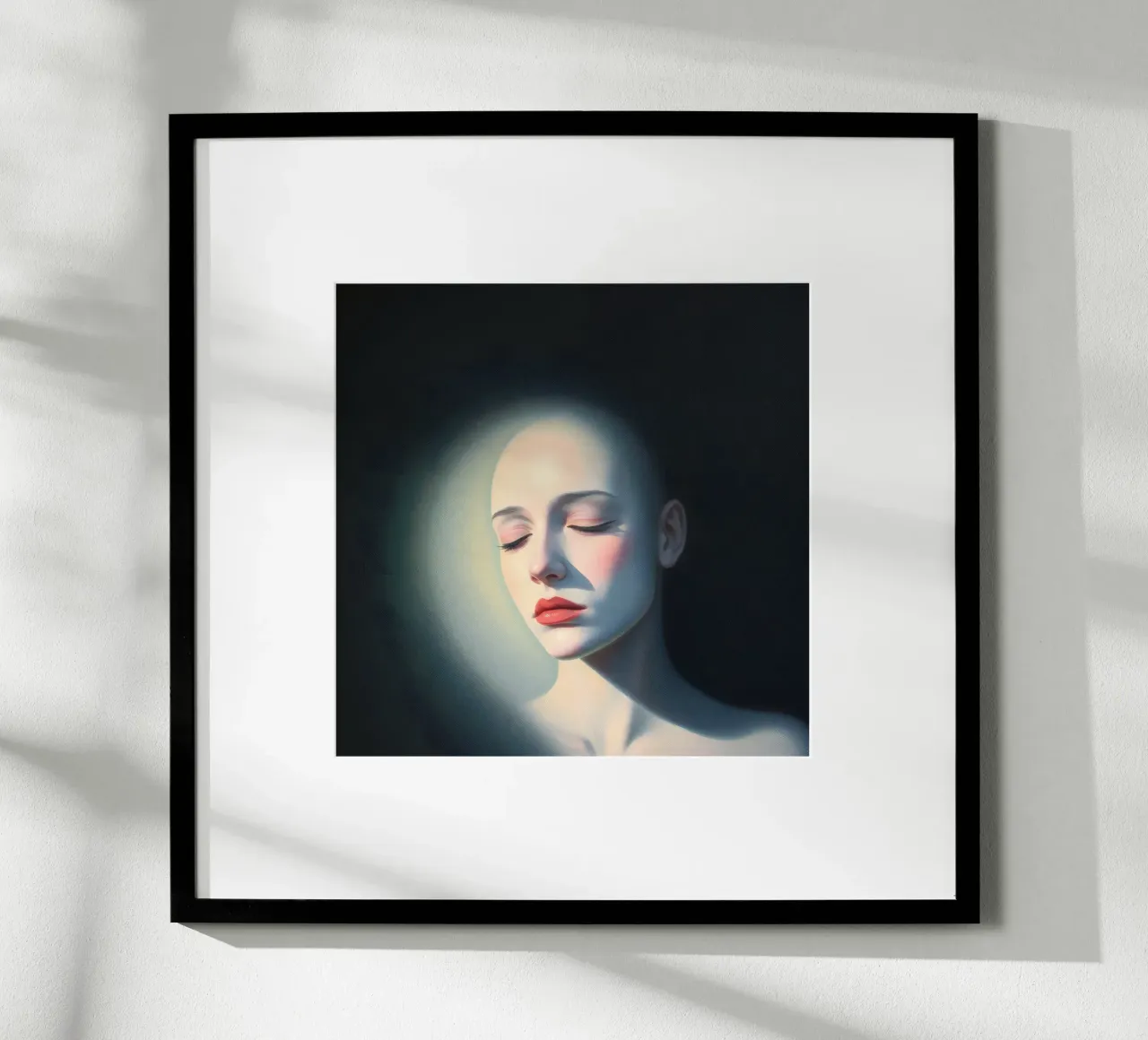 Donna calva con gli occhi chiusi illuminata dolcemente in una stanza buia poster da DesignDoodle