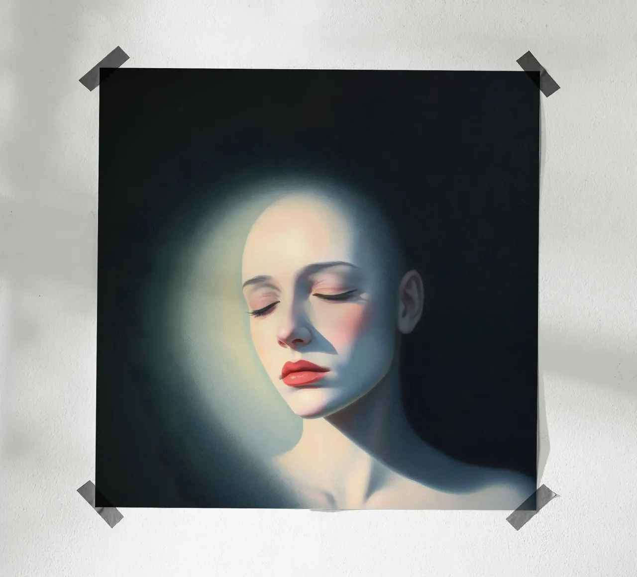 Donna calva con gli occhi chiusi illuminata dolcemente in una stanza buia poster da DesignDoodle