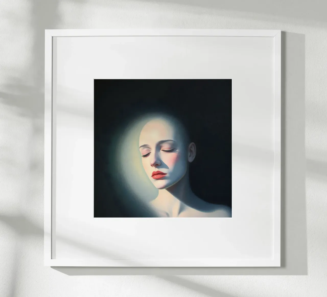 Donna calva con gli occhi chiusi illuminata dolcemente in una stanza buia poster da DesignDoodle