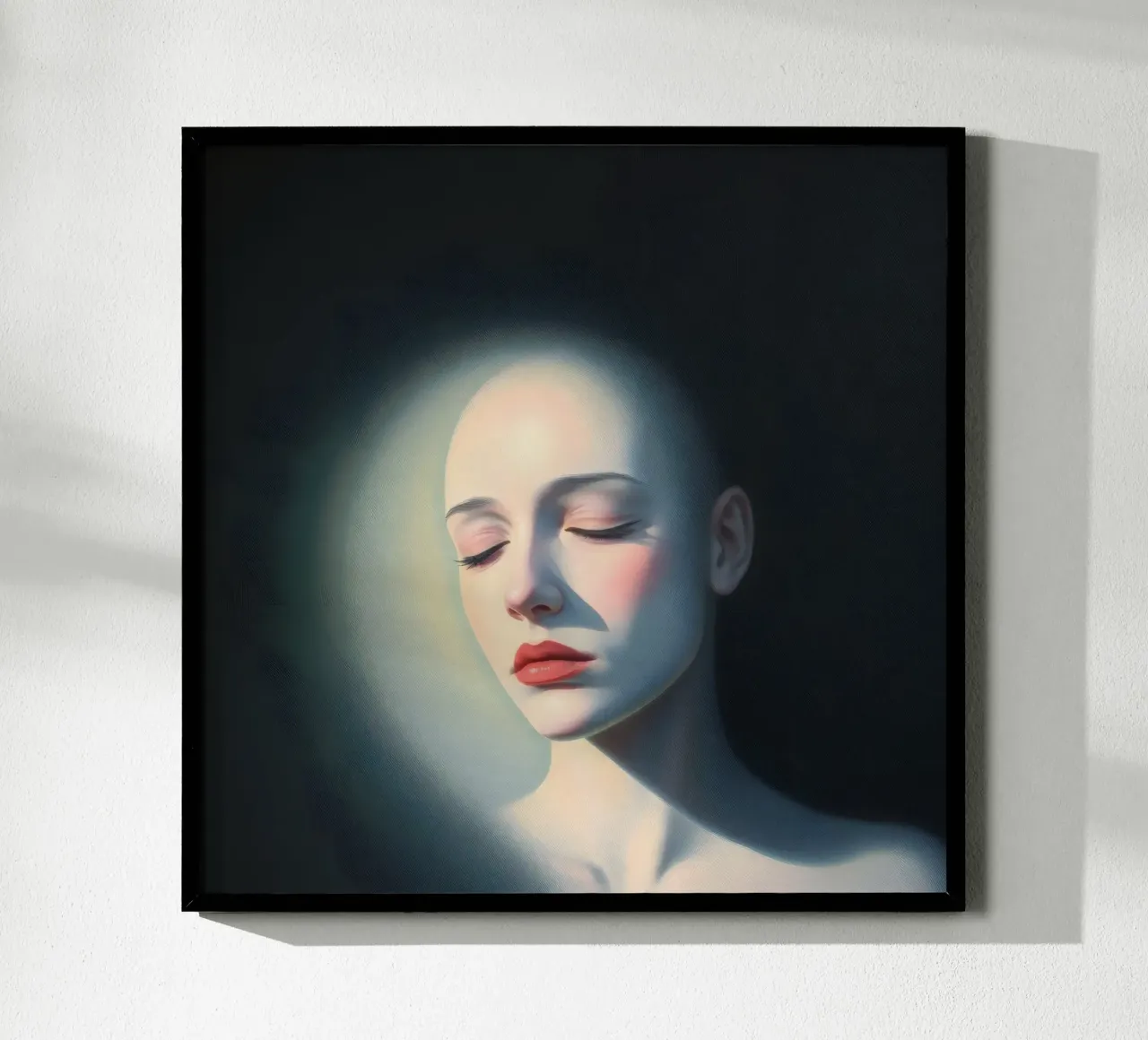 Donna calva con gli occhi chiusi illuminata dolcemente in una stanza buia poster da DesignDoodle