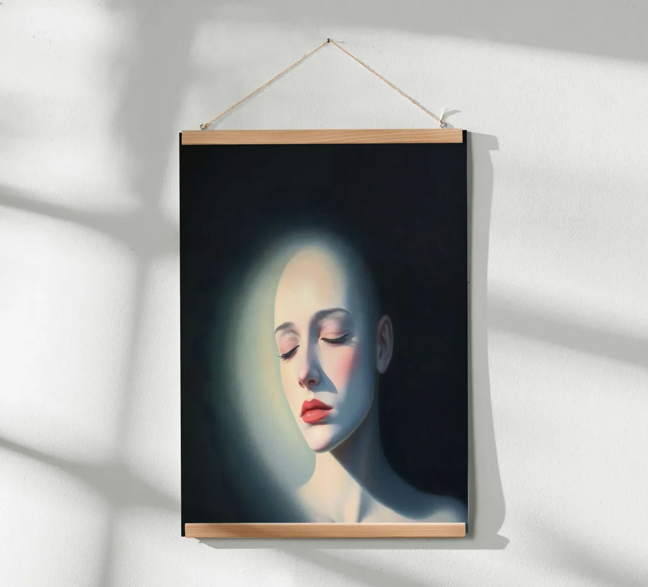 Donna calva con gli occhi chiusi illuminata dolcemente in una stanza buia poster da DesignDoodle