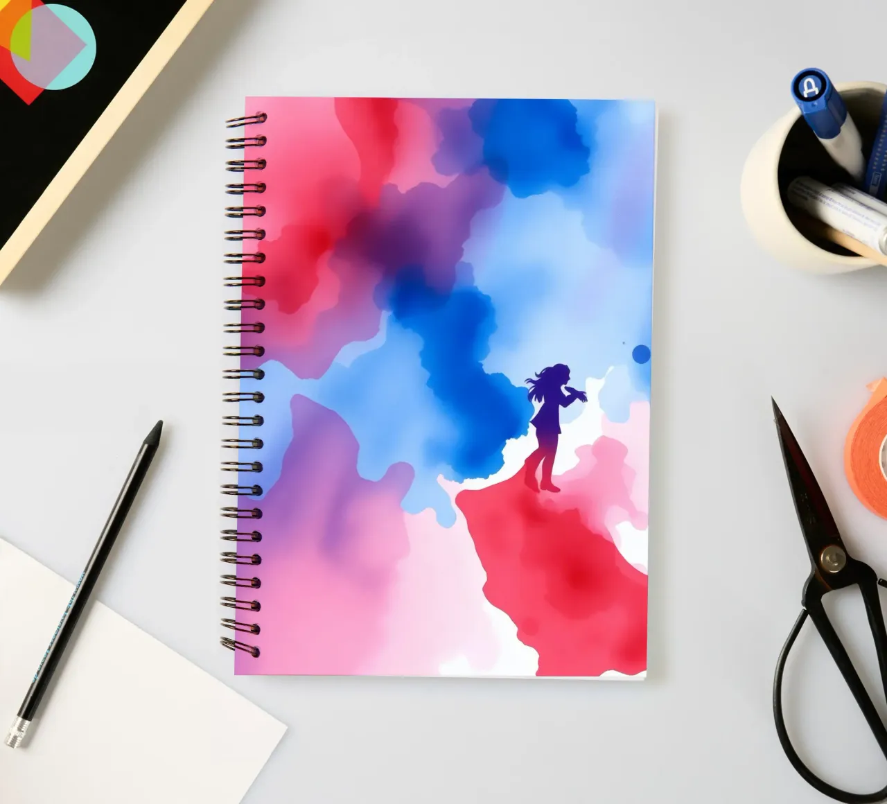 Colorful silhouette of a woman playing an instrument spiral notebook by DesignDoodle