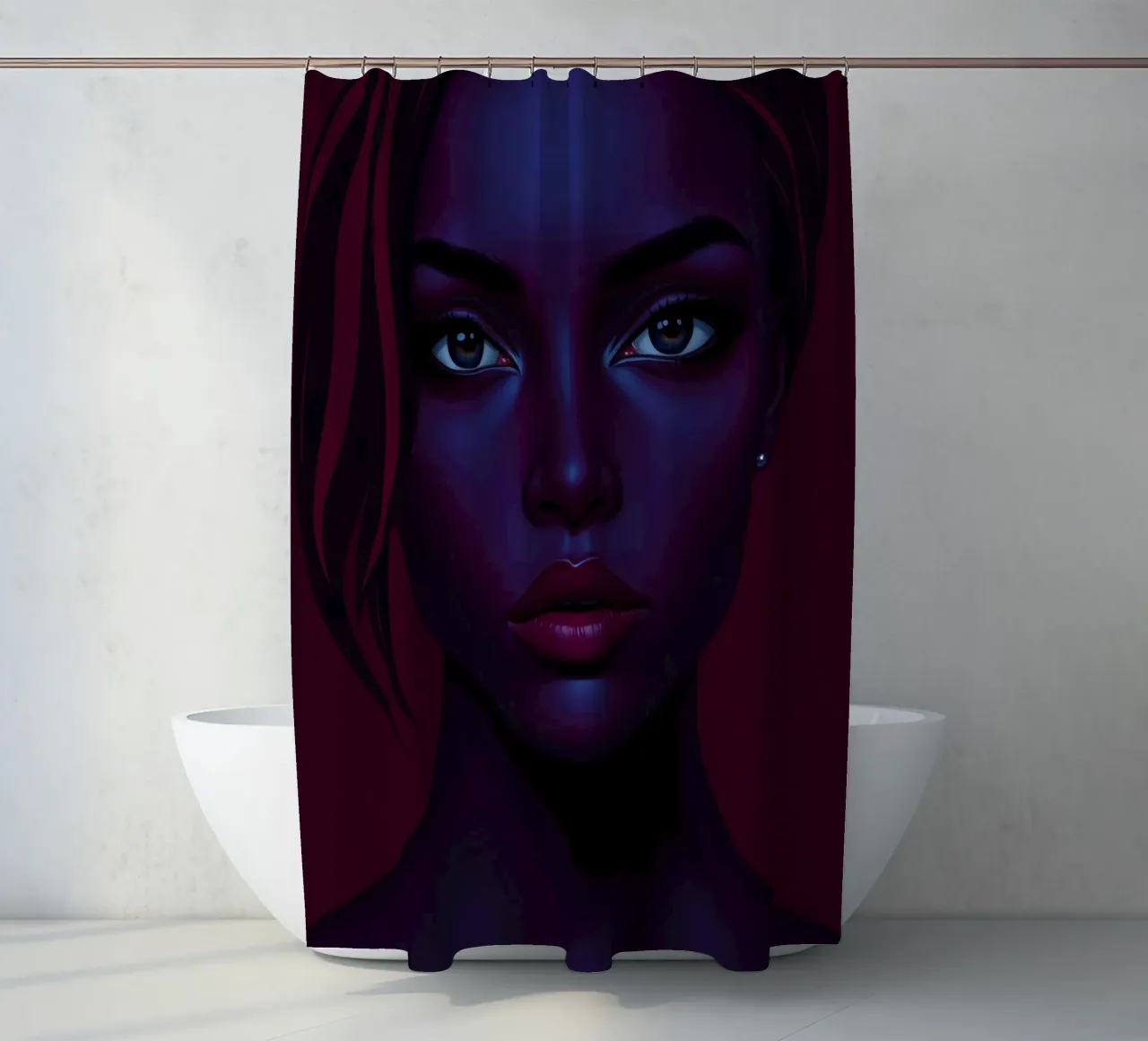 Portrait of a striking figure with deep hues in a captivatin shower curtain by DesignDoodle