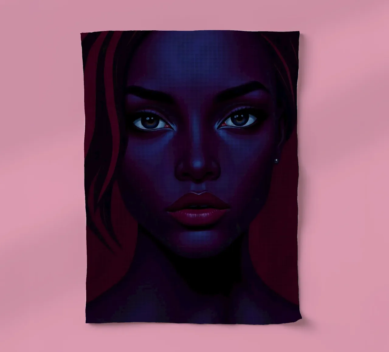 Portrait of a striking figure with deep hues in a captivatin tea towel by DesignDoodle