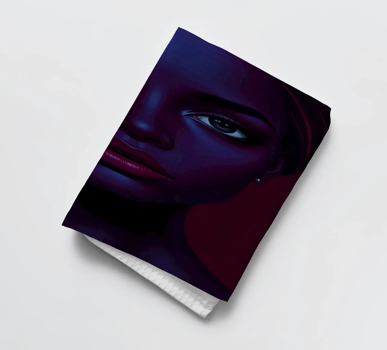 Portrait of a striking figure with deep hues in a captivatin tea towel by DesignDoodle