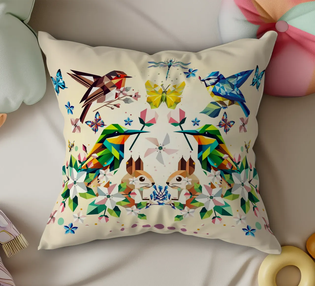 Magia di primavera - Composizione geometrica di animali e fiori cuscino da namosh