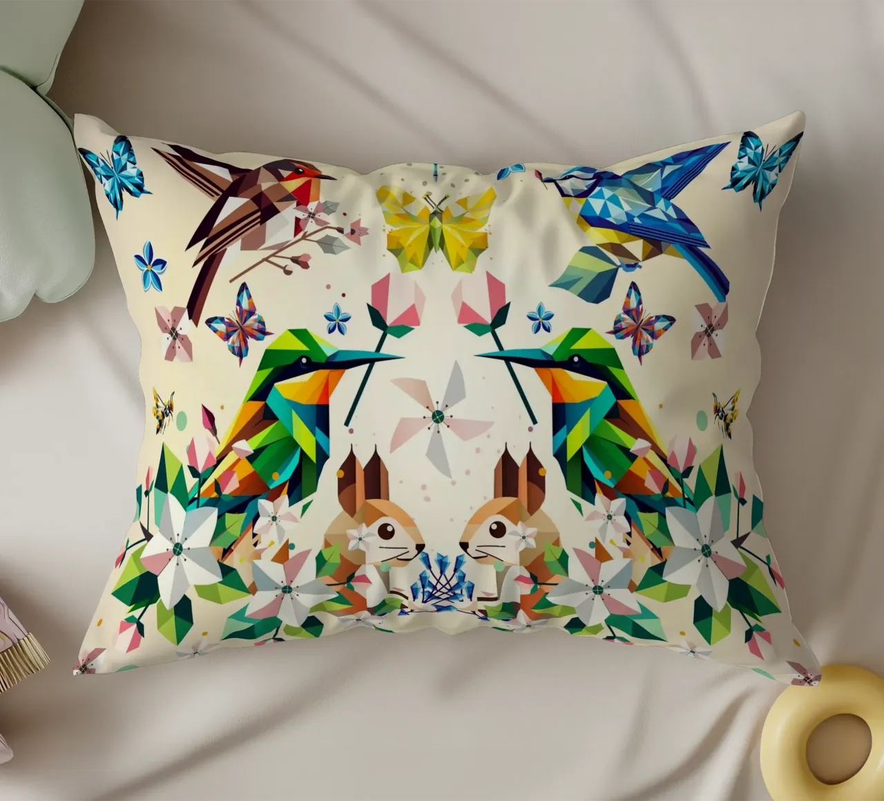 Magia di primavera - Composizione geometrica di animali e fiori cuscino da namosh