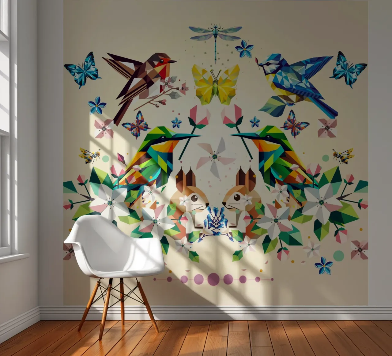 Magia primaveral - Composición geométrica de animales y flores papel para pared de namosh
