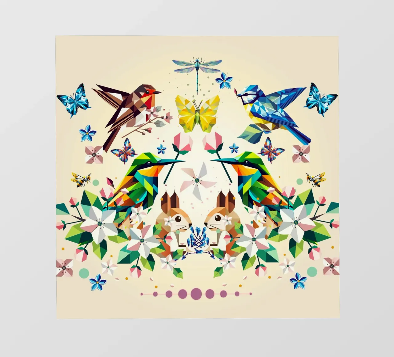Magia di primavera - Composizione geometrica di animali e fiori telo in pvc da namosh