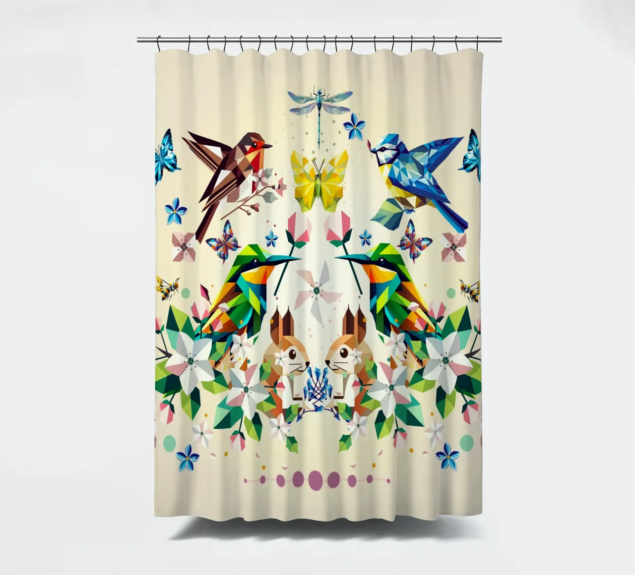Magia primaveral - Composición geométrica de animales y flores cortina de baño de namosh