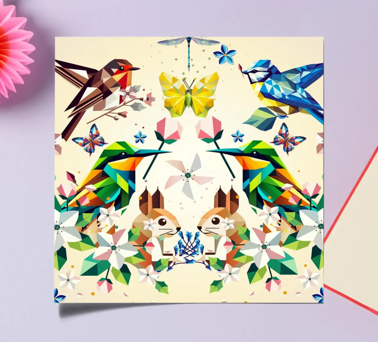 Magia di primavera - Composizione geometrica di animali e fiori foglio adesivo da namosh