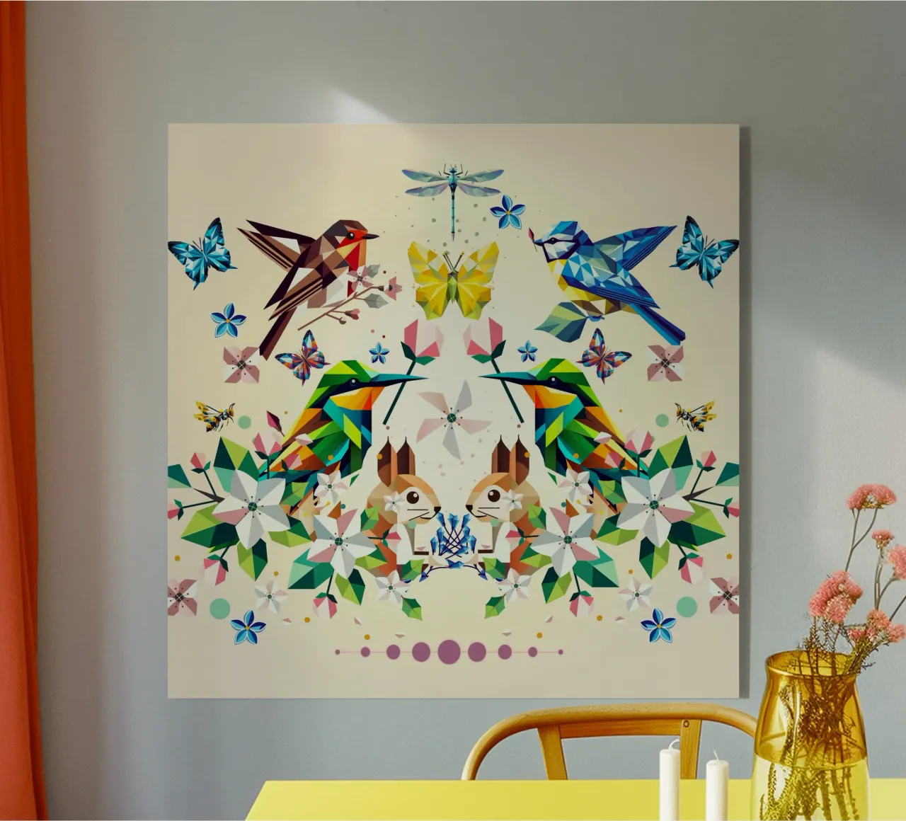 Magia primaveral - Composición geométrica de animales y flores metacrilato de namosh