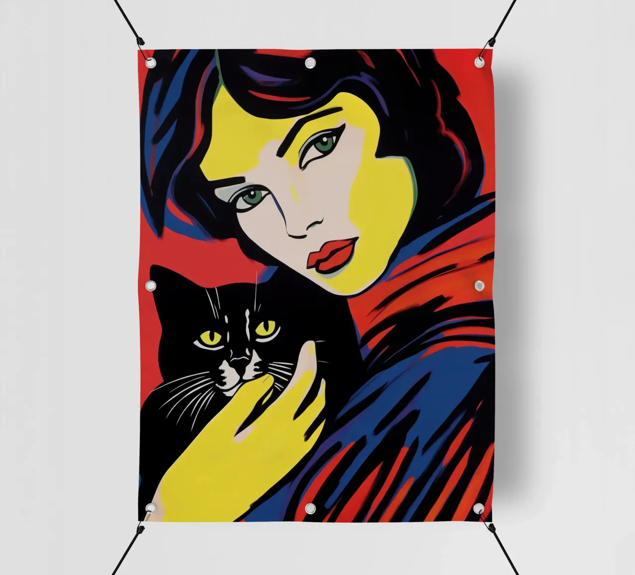 Ritratto pop art di una donna con un gatto nero telo in pvc da Autofocus