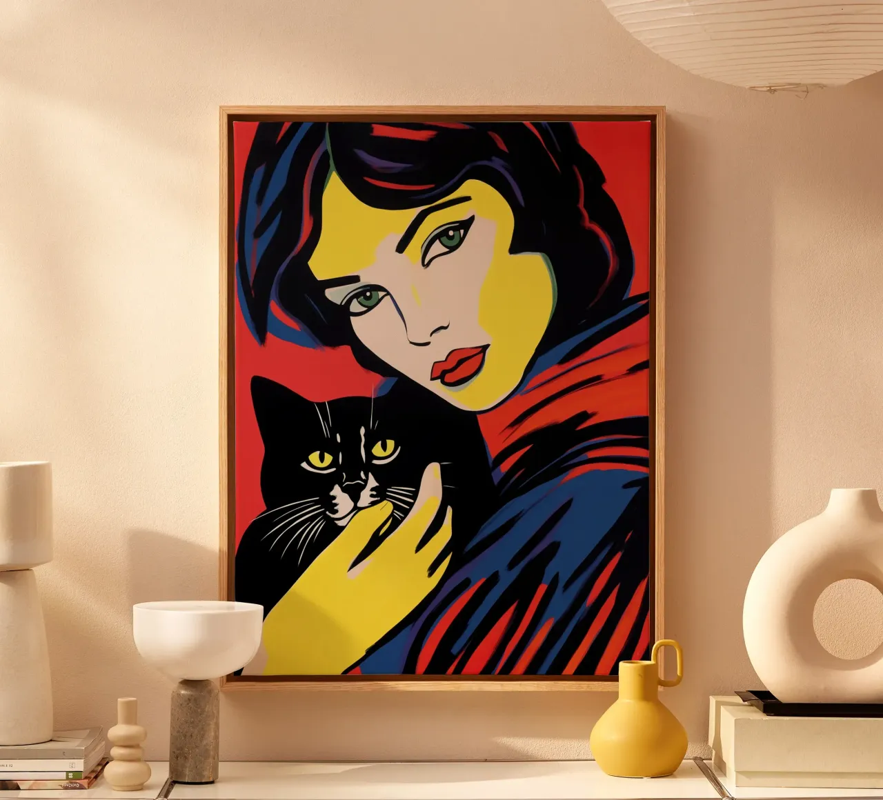 Ritratto pop art di una donna con un gatto nero tela con Cornice a cassetta da Autofocus