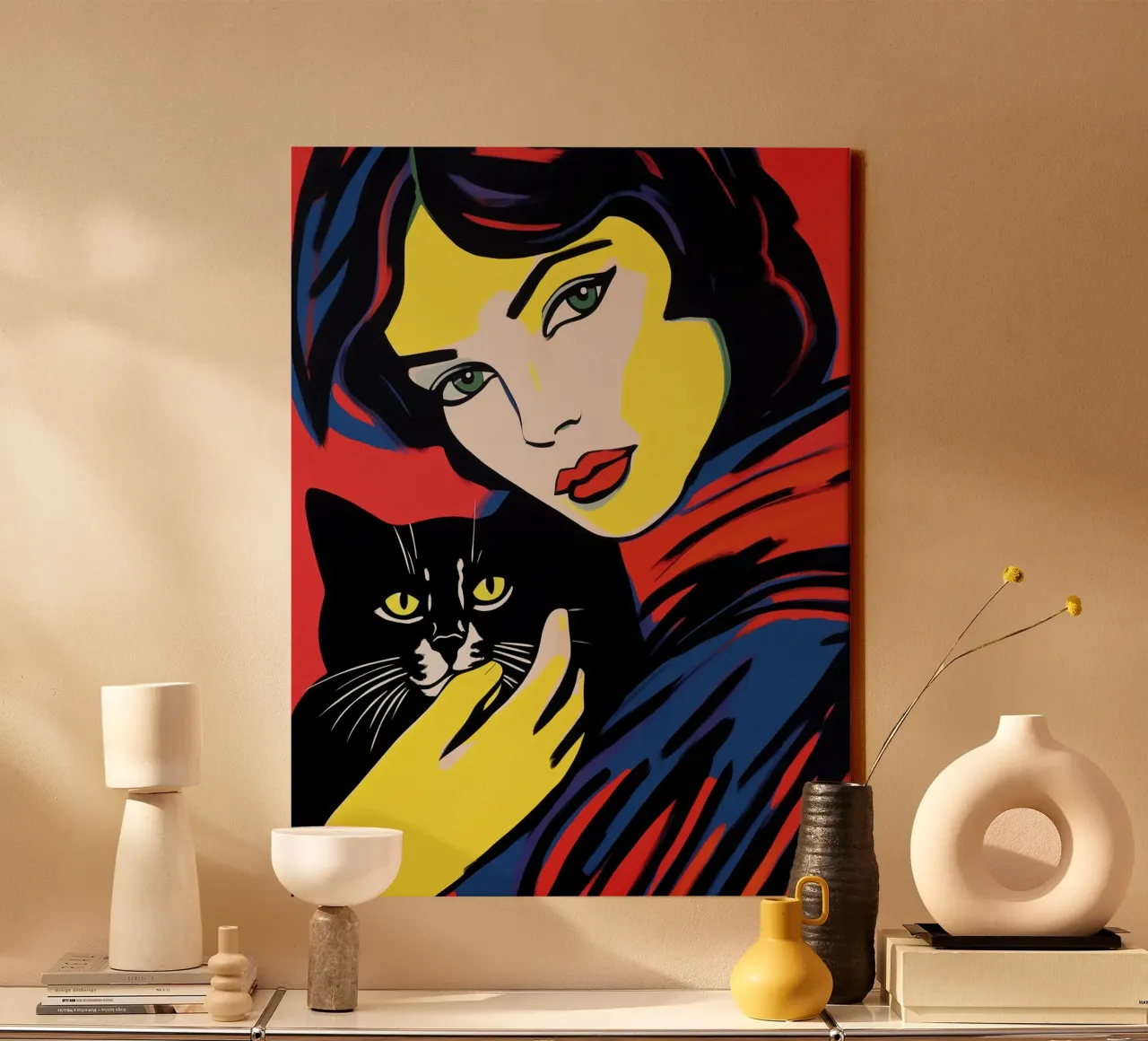 Ritratto pop art di una donna con un gatto nero tela con Cornice a cassetta da Autofocus