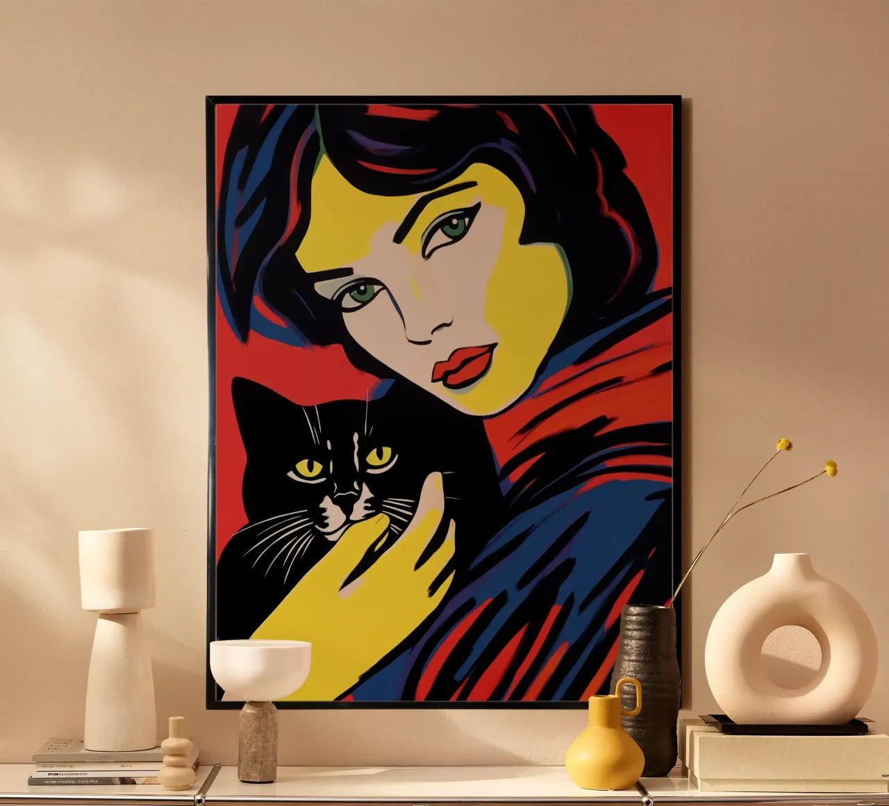 Ritratto pop art di una donna con un gatto nero poster con telaio in legno da Autofocus