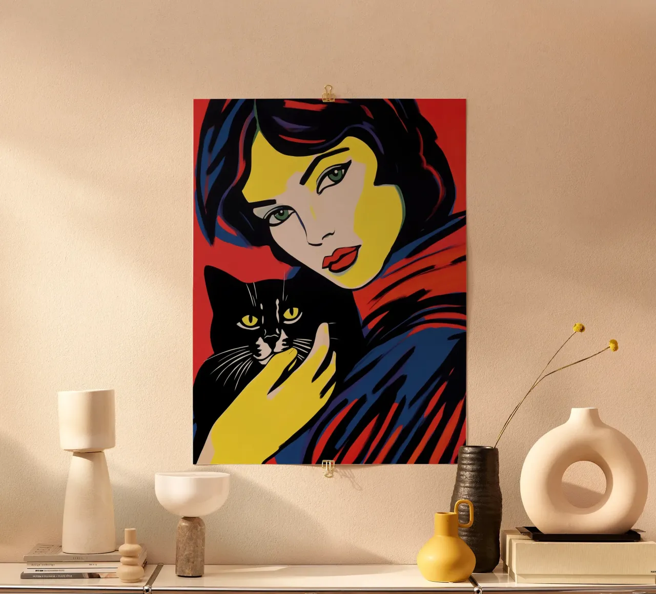 Ritratto pop art di una donna con un gatto nero poster con telaio in legno da Autofocus