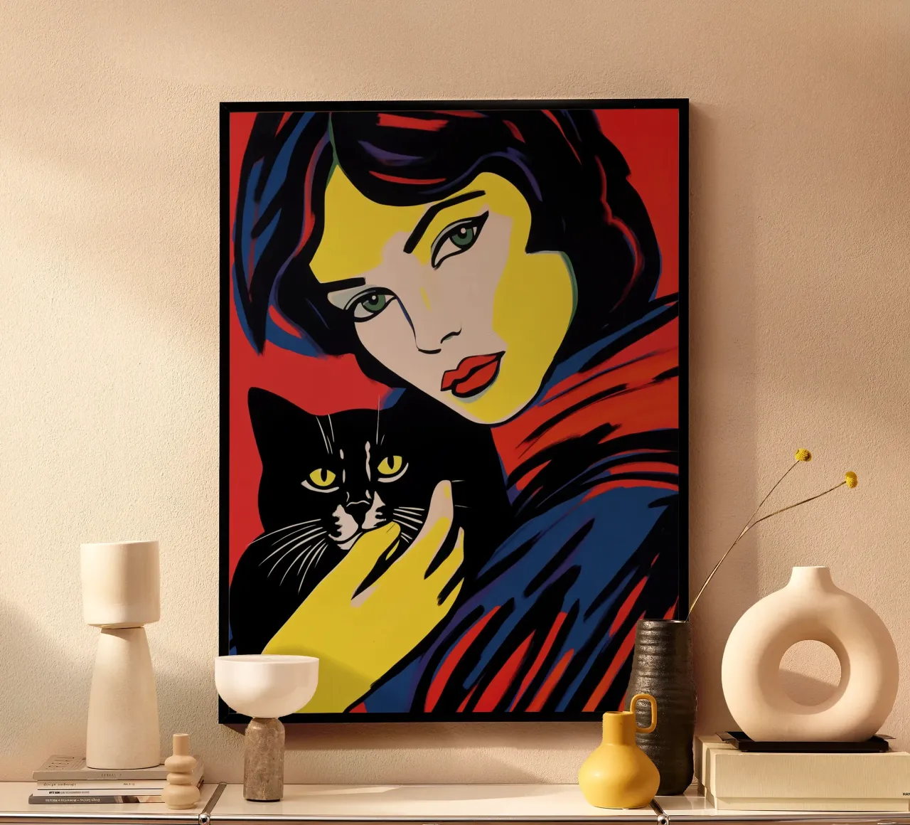 Ritratto pop art di una donna con un gatto nero poster con telaio in legno da Autofocus