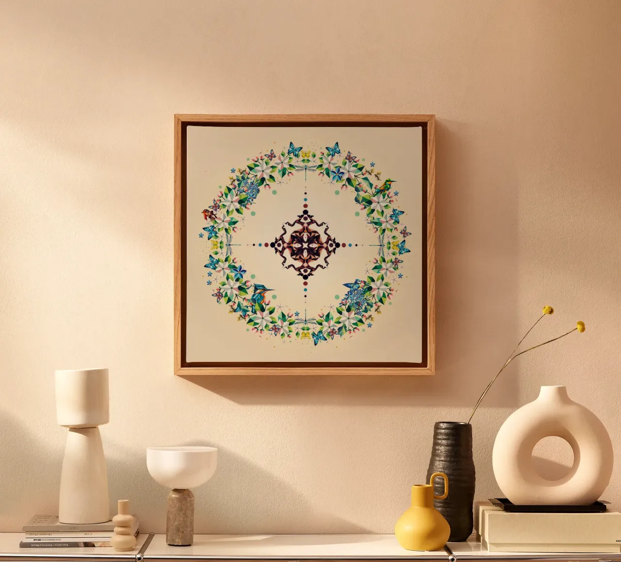 Lentekrans - Kleurrijke compositie van bloemen en dieren canvas met Baklijst van namosh