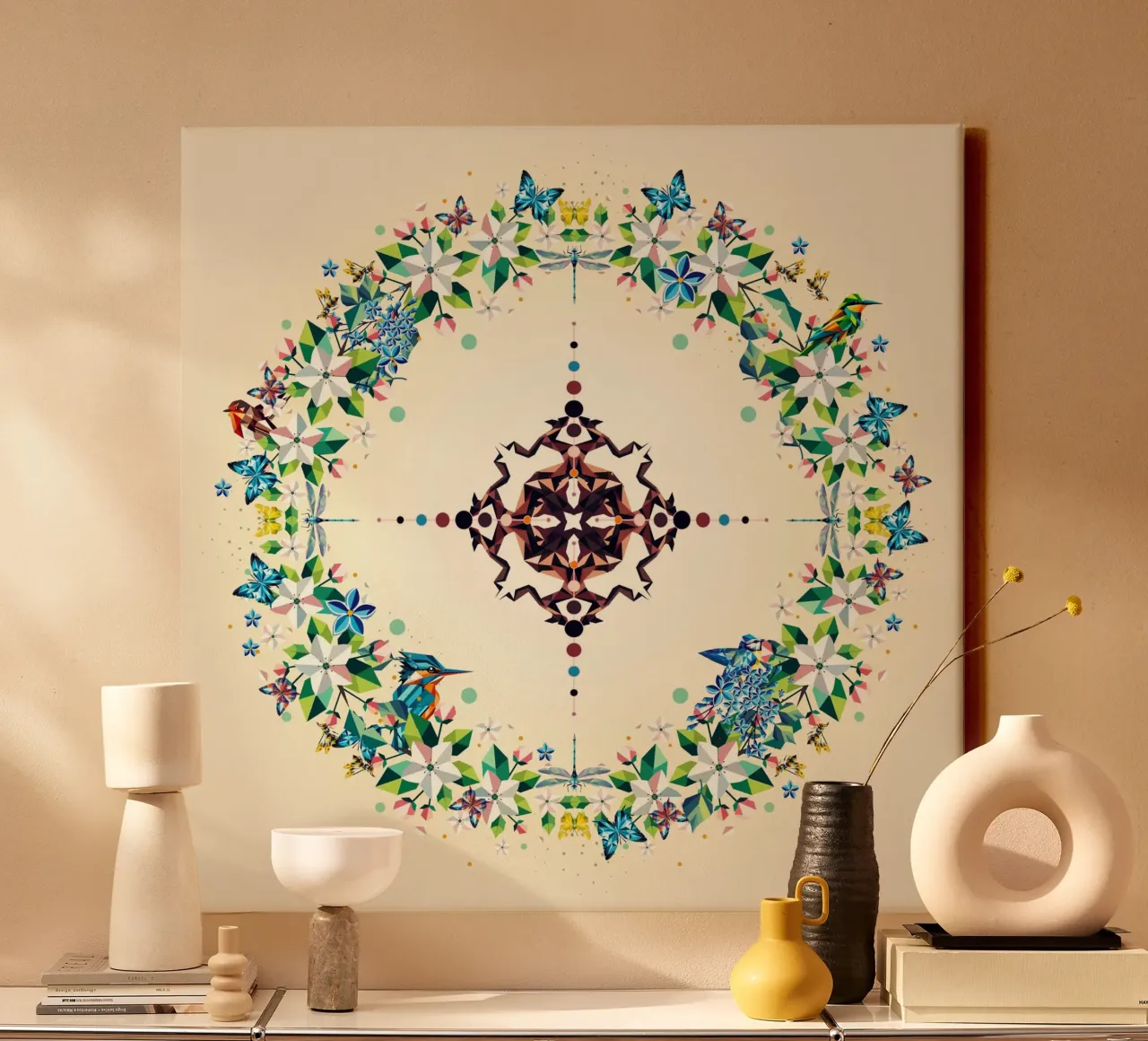 Lentekrans - Kleurrijke compositie van bloemen en dieren canvas met Baklijst van namosh