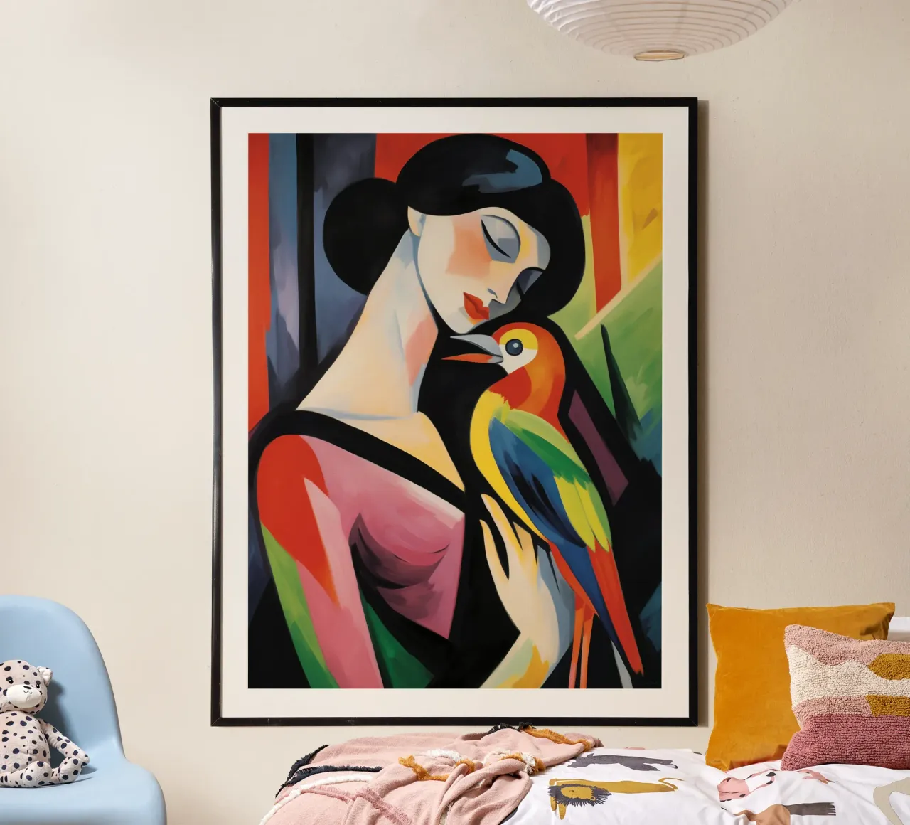 Ritratto cubista di donna con pappagallo | Quadro su tela carta hahnemühle da Autofocus