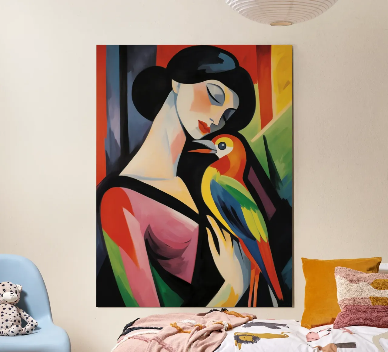 Ritratto cubista di donna con pappagallo | Quadro su tela carta hahnemühle da Autofocus
