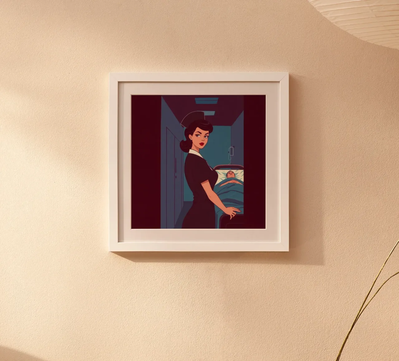 Infermiera che assiste un paziente in una stanza d'ospedale nel turno serale poster da DesignDoodle