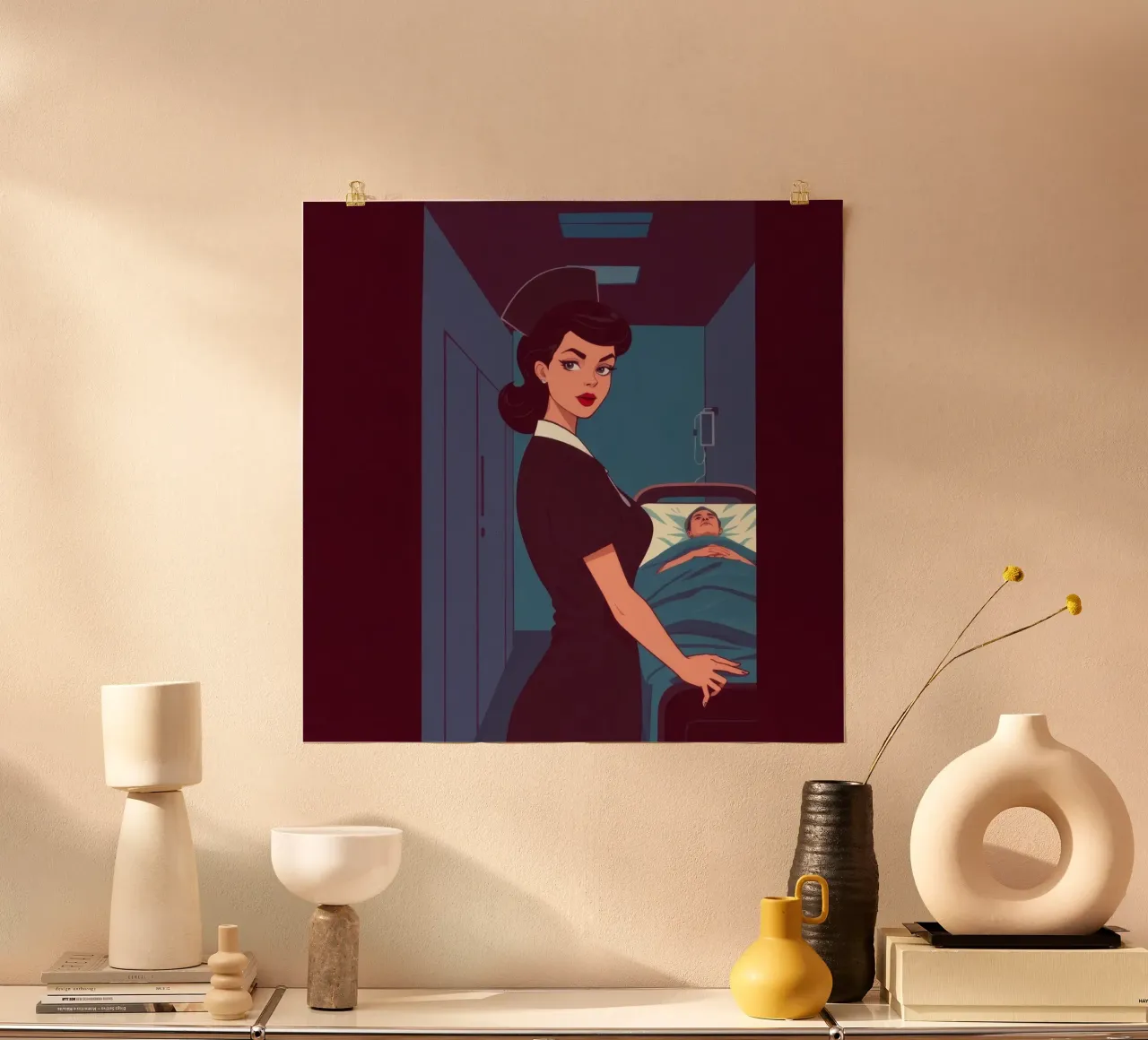 Infermiera che assiste un paziente in una stanza d'ospedale nel turno serale poster da DesignDoodle