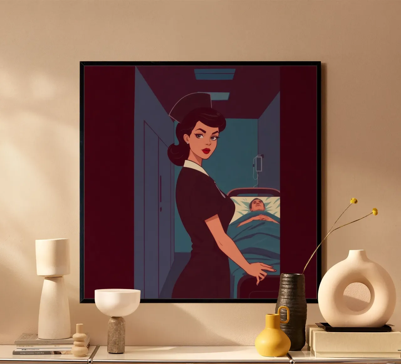 Infermiera che assiste un paziente in una stanza d'ospedale nel turno serale poster da DesignDoodle