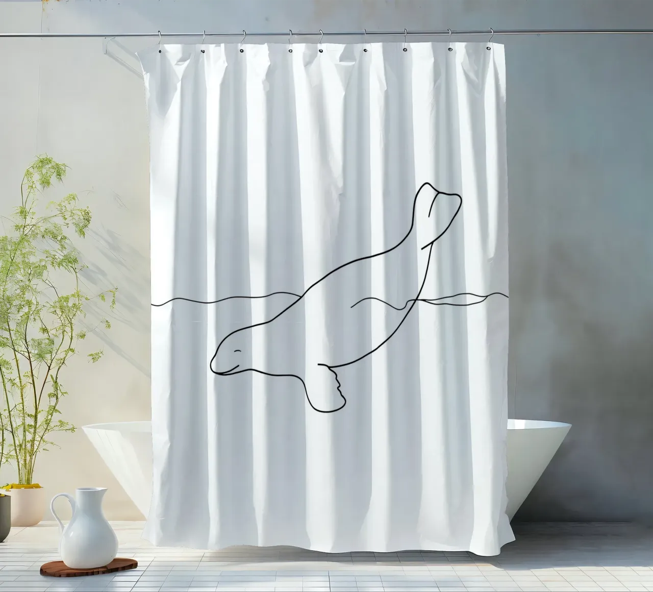 Graceful Seal Underwater | Minimalist Line Art Drawing shower curtain by Viv Line Art