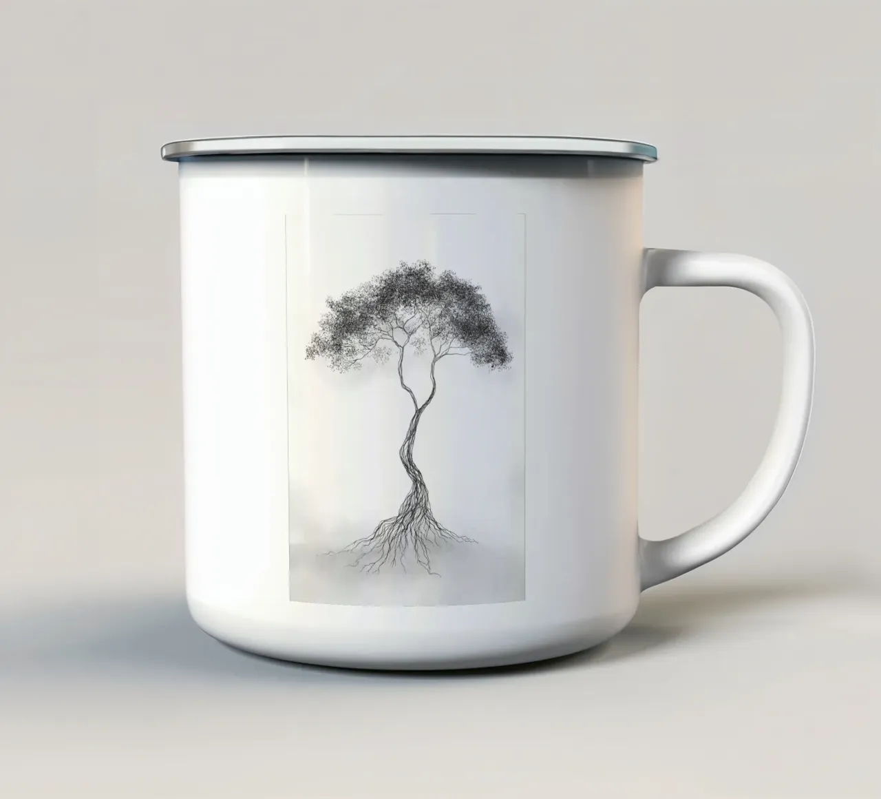 Disegno lineare minimalista dell'albero della vita tazza in smalto da Viv Line Art