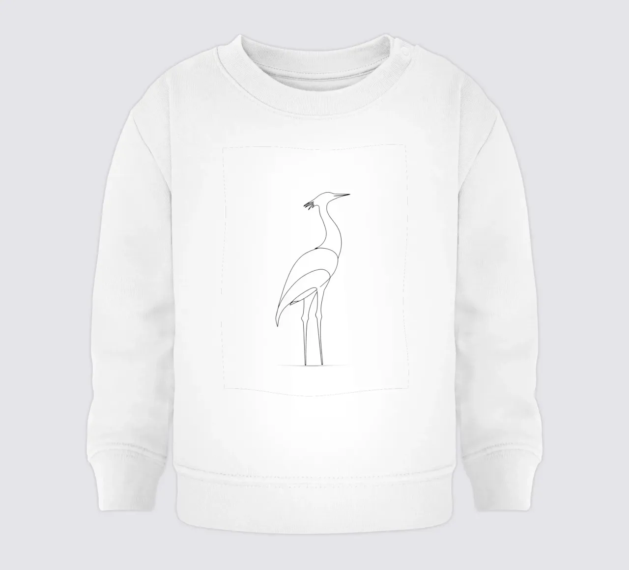 Disegno lineare minimalista di un airone in piedi felpa neonato da Viv Line Art