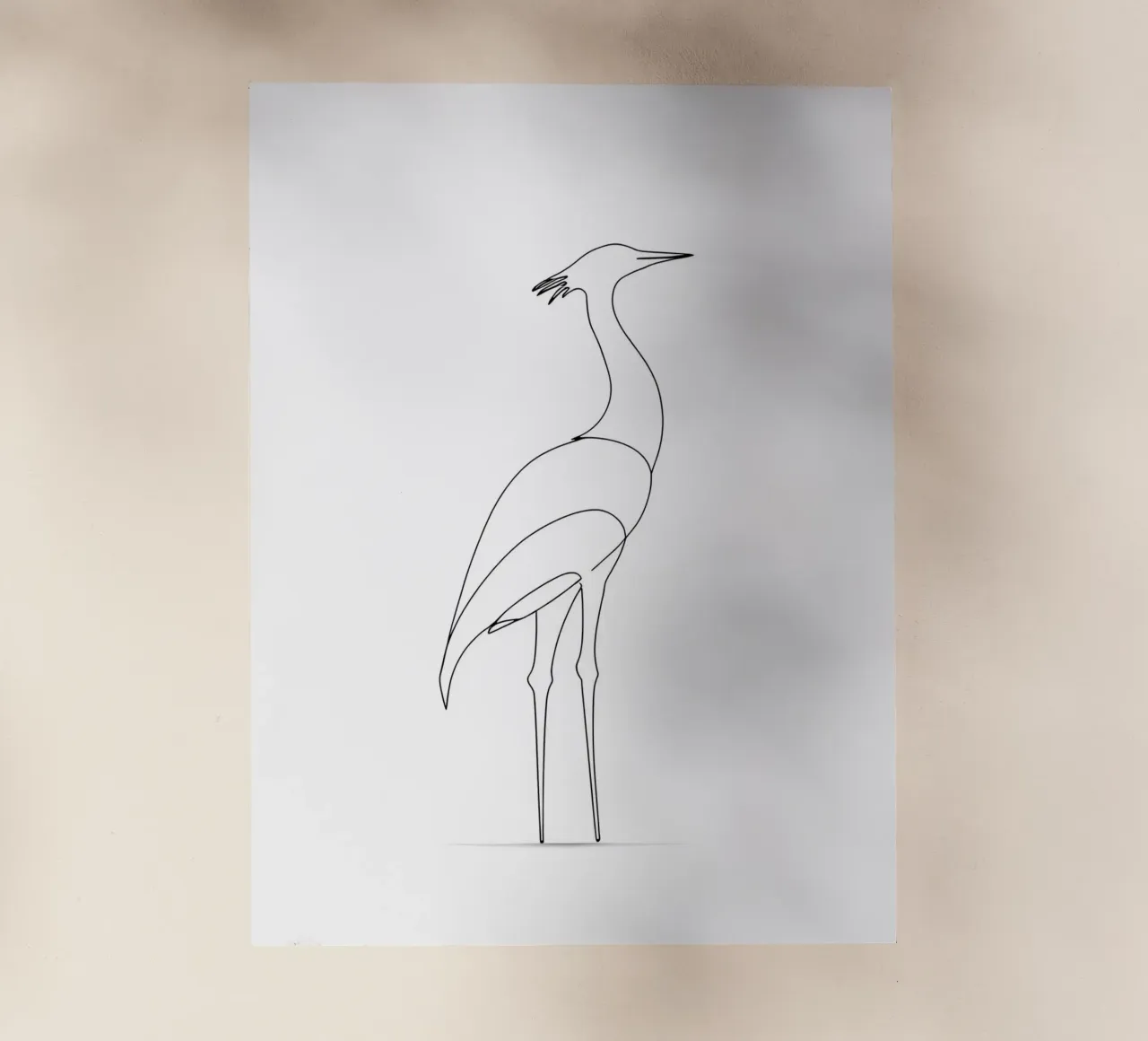 Disegno lineare minimalista di un airone in piedi pellicola backlit da Viv Line Art