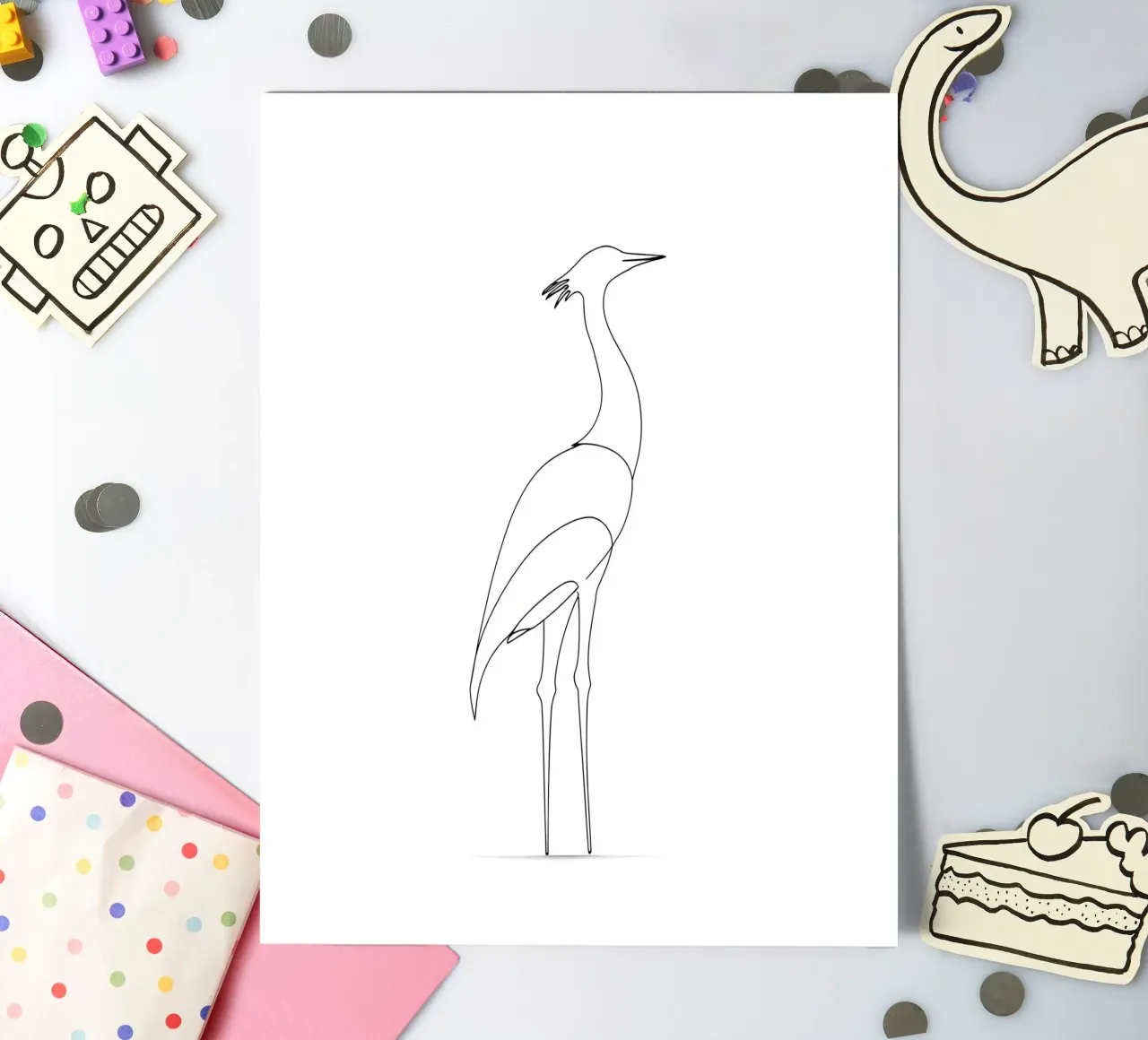 Stehende Heron Minimalist Line Art Zeichnung Stickerbogen von Viv Line Art