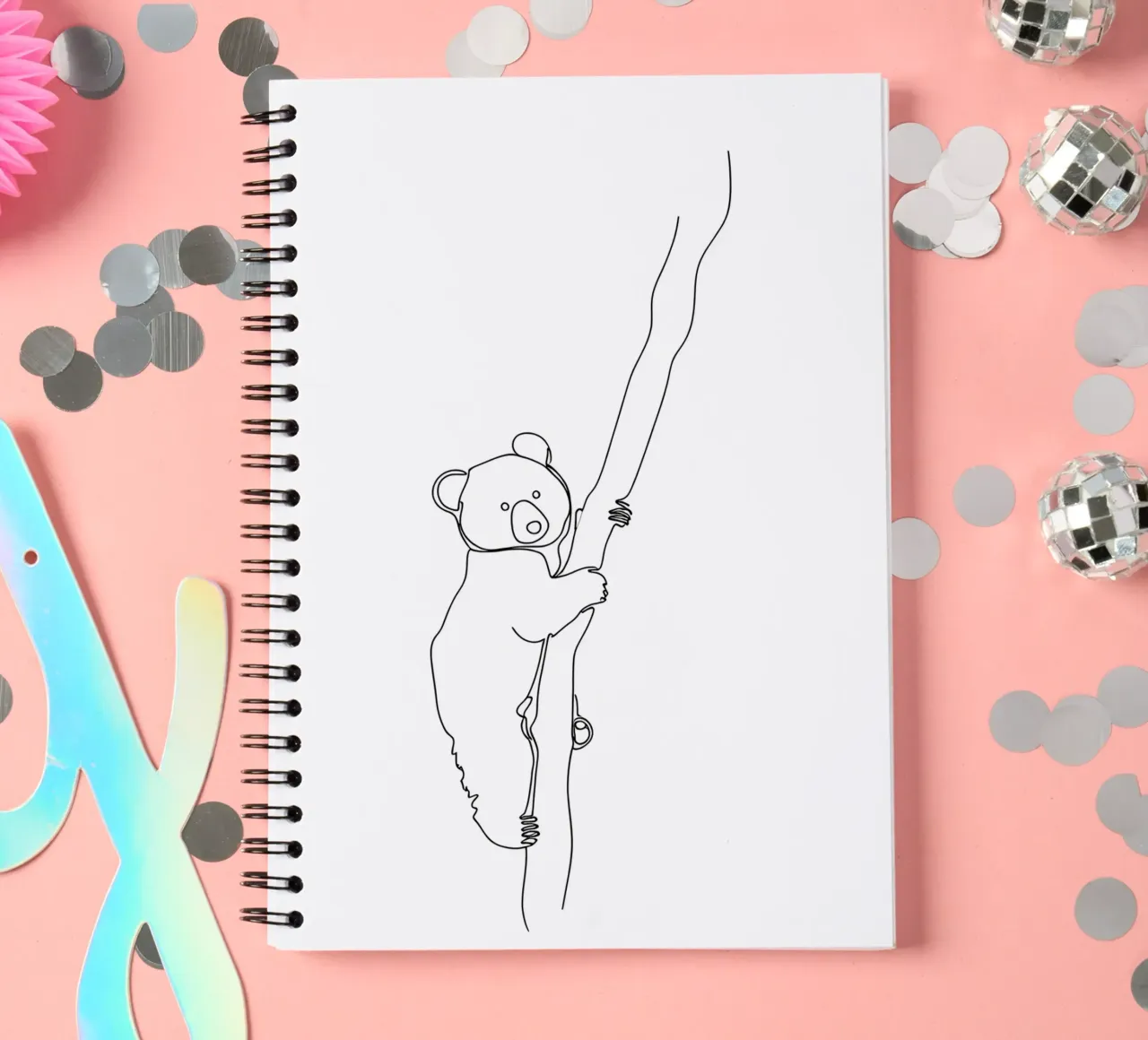 Koala Climbing Tree Minimalist Line Art Drawing spiral notebook by Viv Line Art