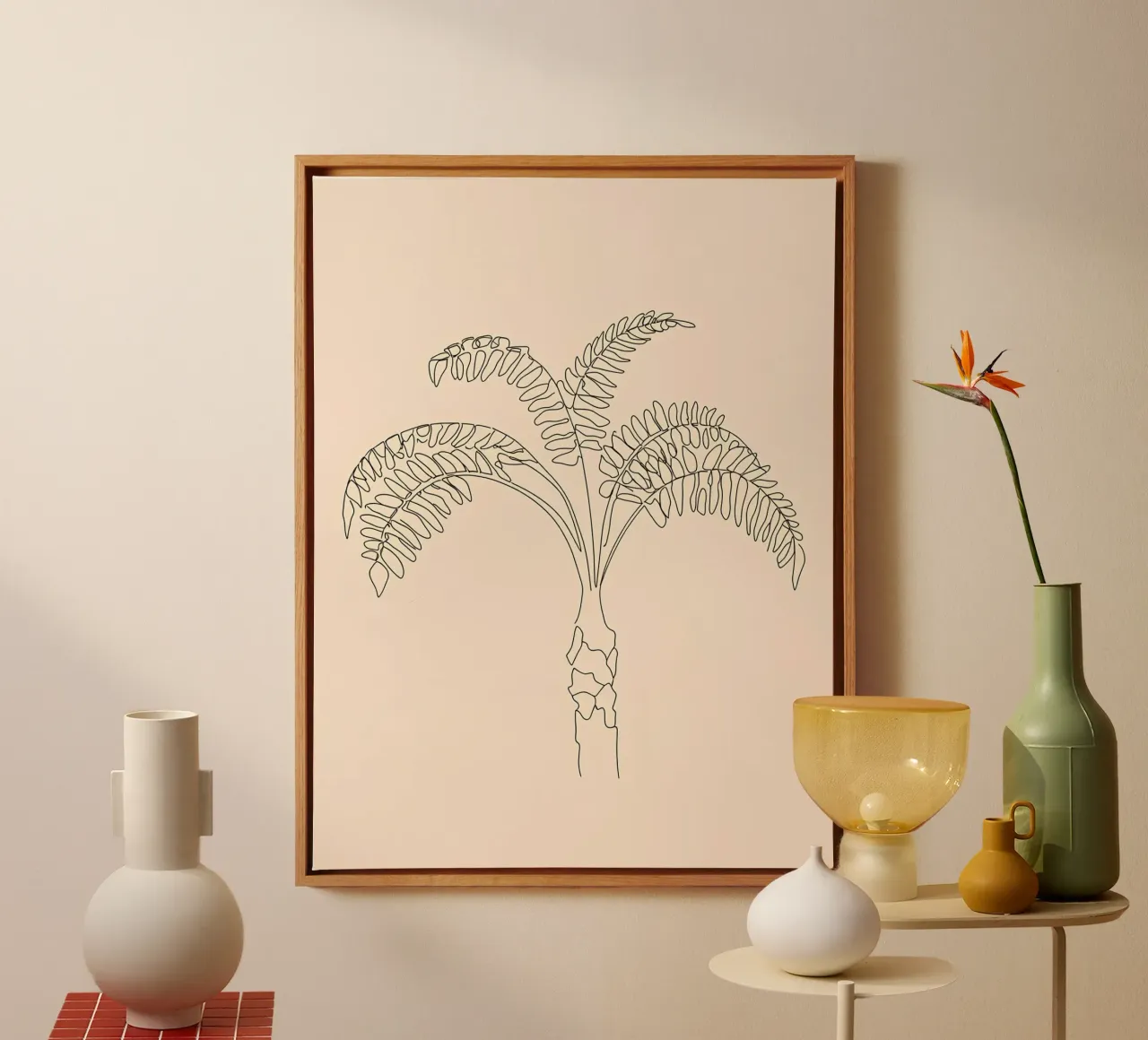 Palm Tree Minimalist Line Art Drawing canvas with Floater frame by Viv Line Art