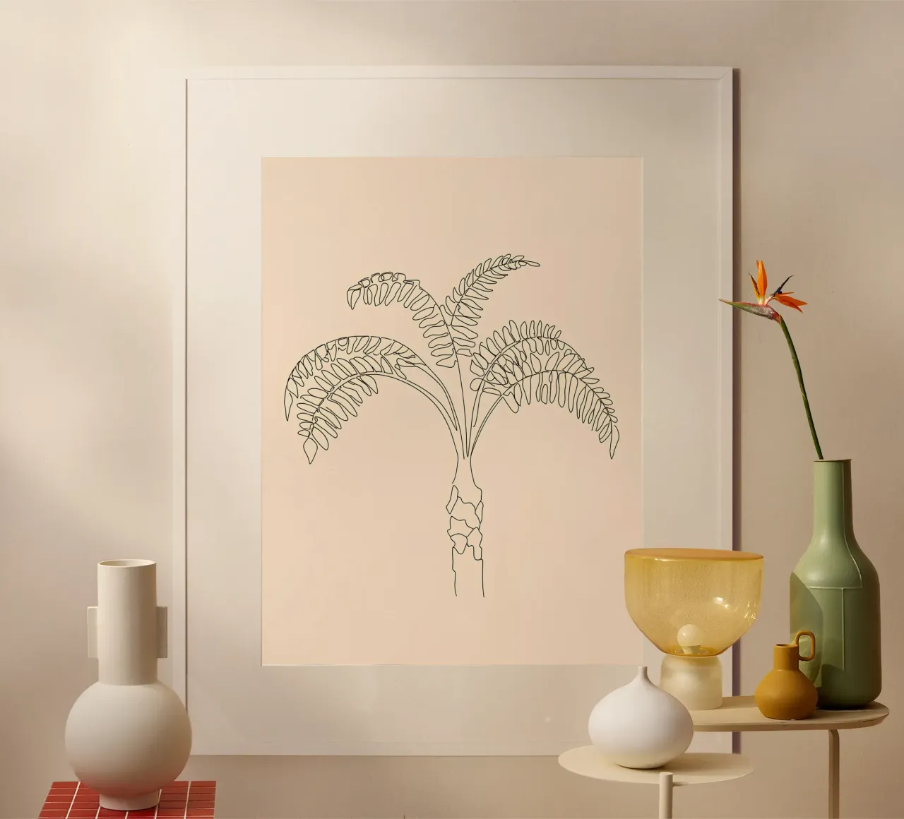 Palm Tree Minimalist Line Art Drawing poster with wooden frame by Viv Line Art
