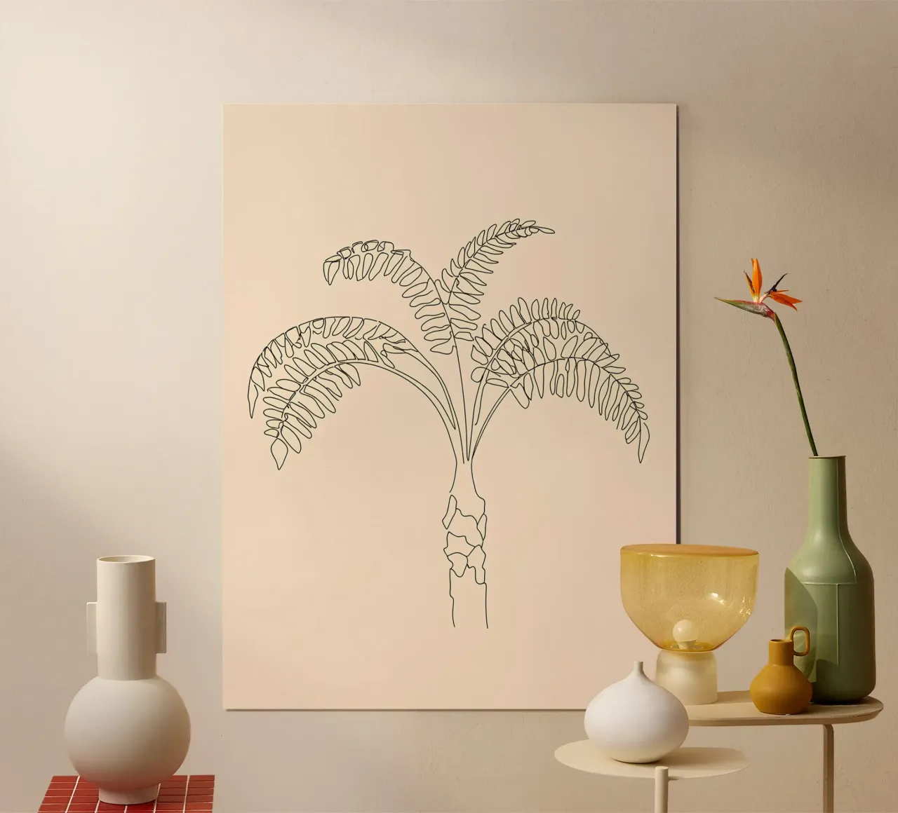 Palm Tree Minimalist Line Art Drawing poster with wooden frame by Viv Line Art