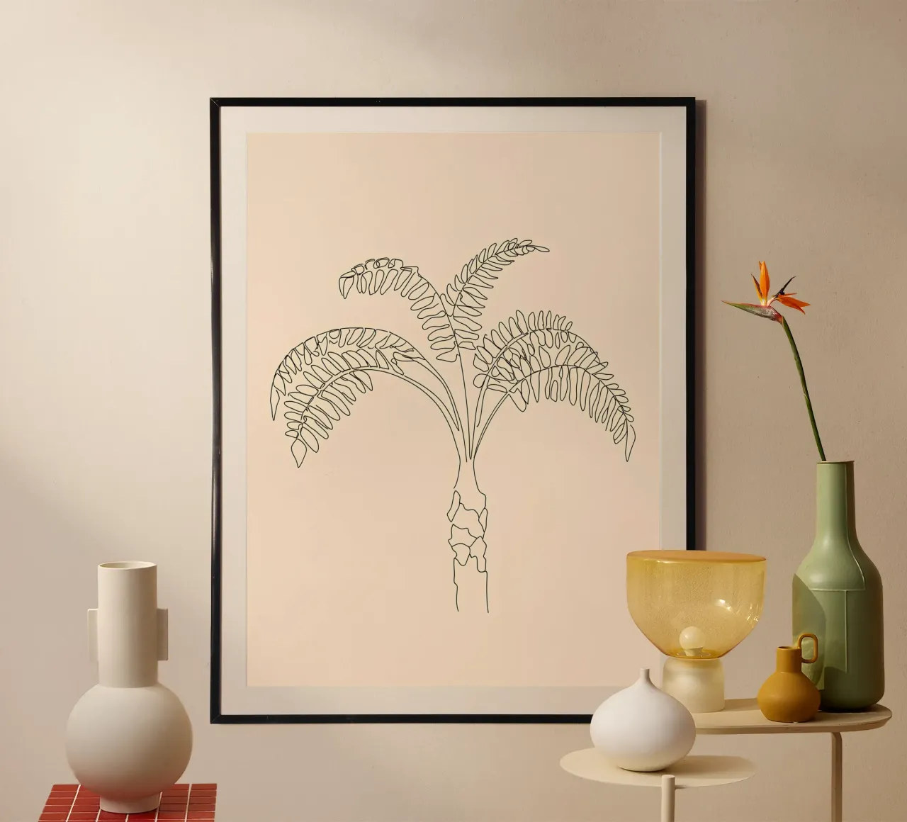 Palm Tree Minimalist Line Art Drawing poster with wooden frame by Viv Line Art
