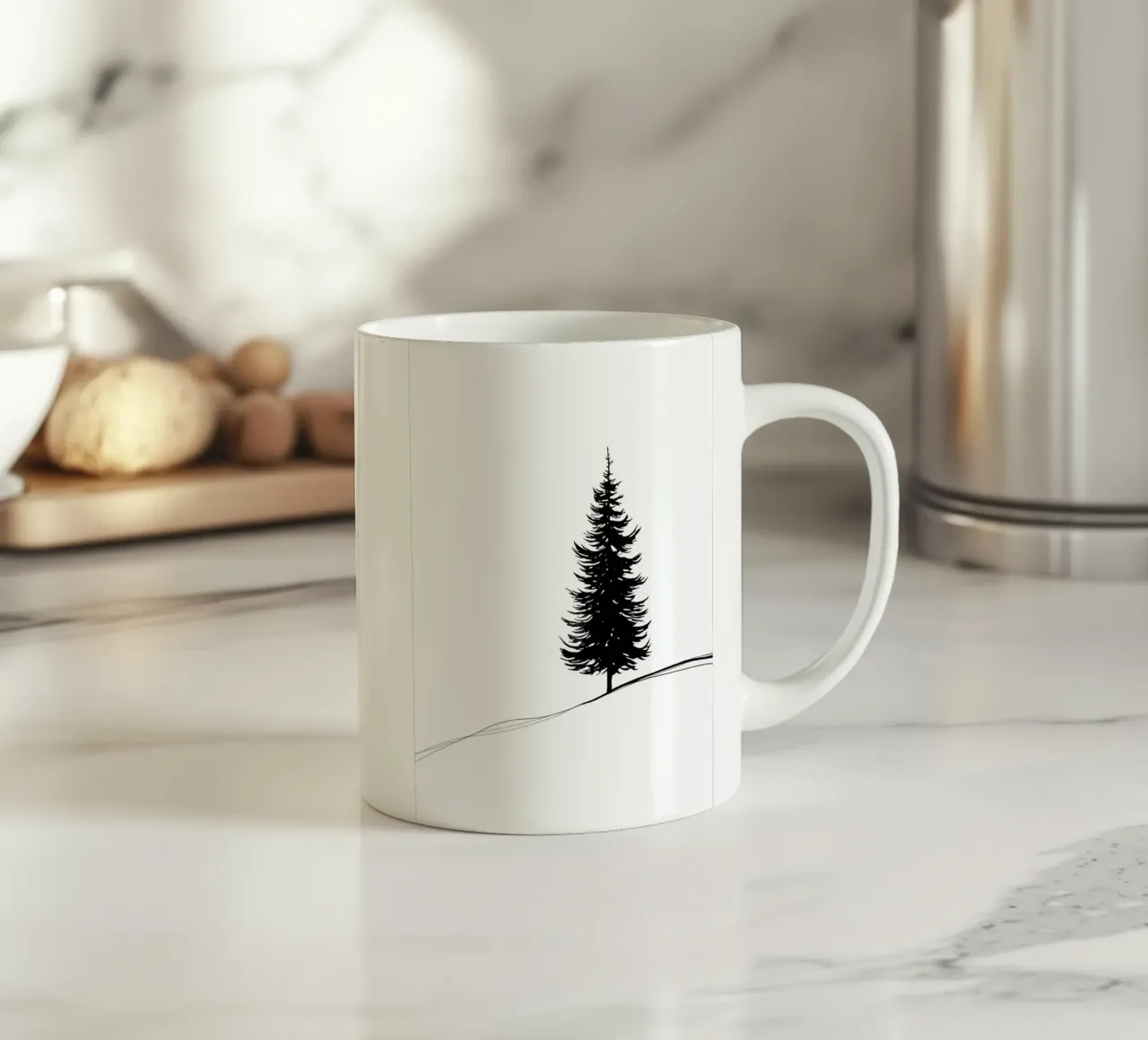 Disegno lineare minimalista di un albero di pino tazza in ceramica da Viv Line Art