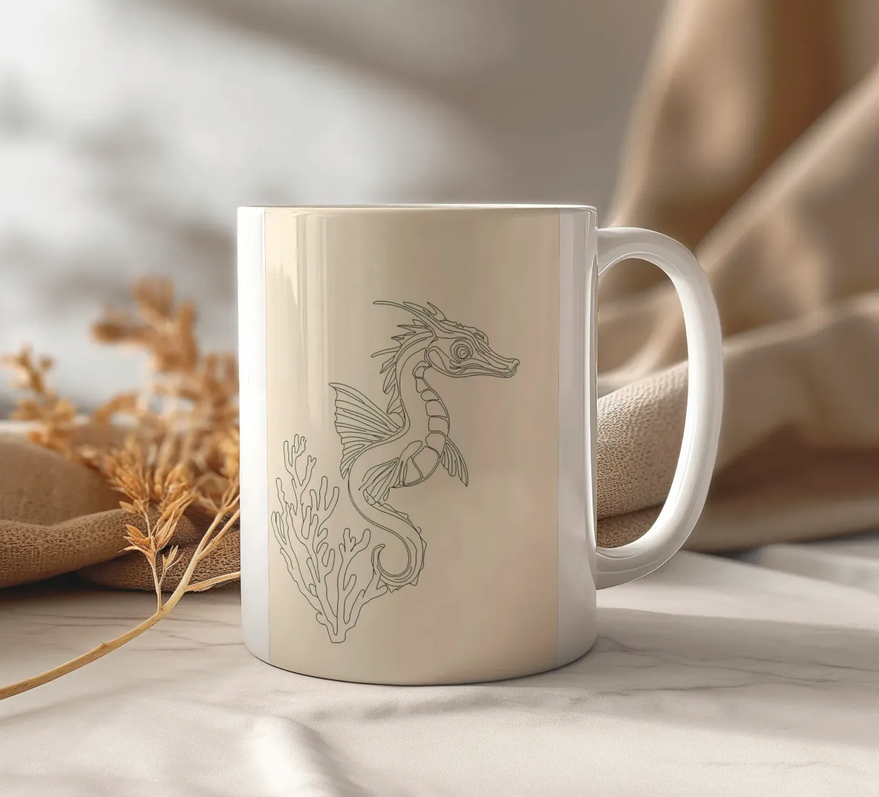 Cavallo marino con corallo Disegno lineare minimalista tazza in ceramica da Viv Line Art