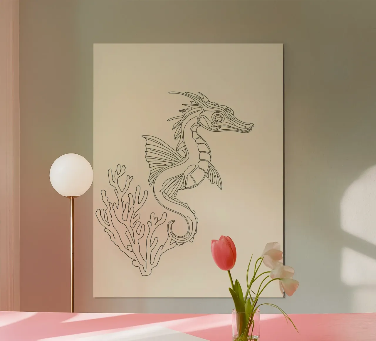 Seahorse with Coral Minimalist Line Art Drawing poster by Viv Line Art