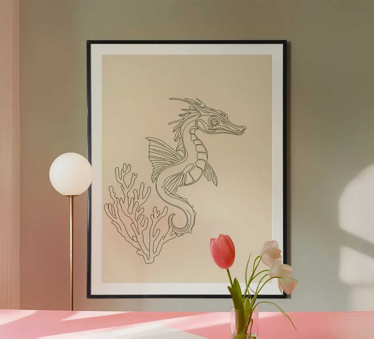Seahorse with Coral Minimalist Line Art Drawing poster by Viv Line Art