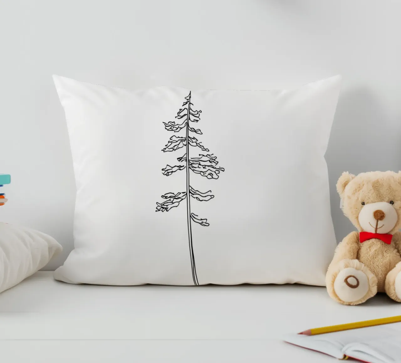 Single Pine Tree Minimalist Line Art Drawing decorative cushion by Viv Line Art