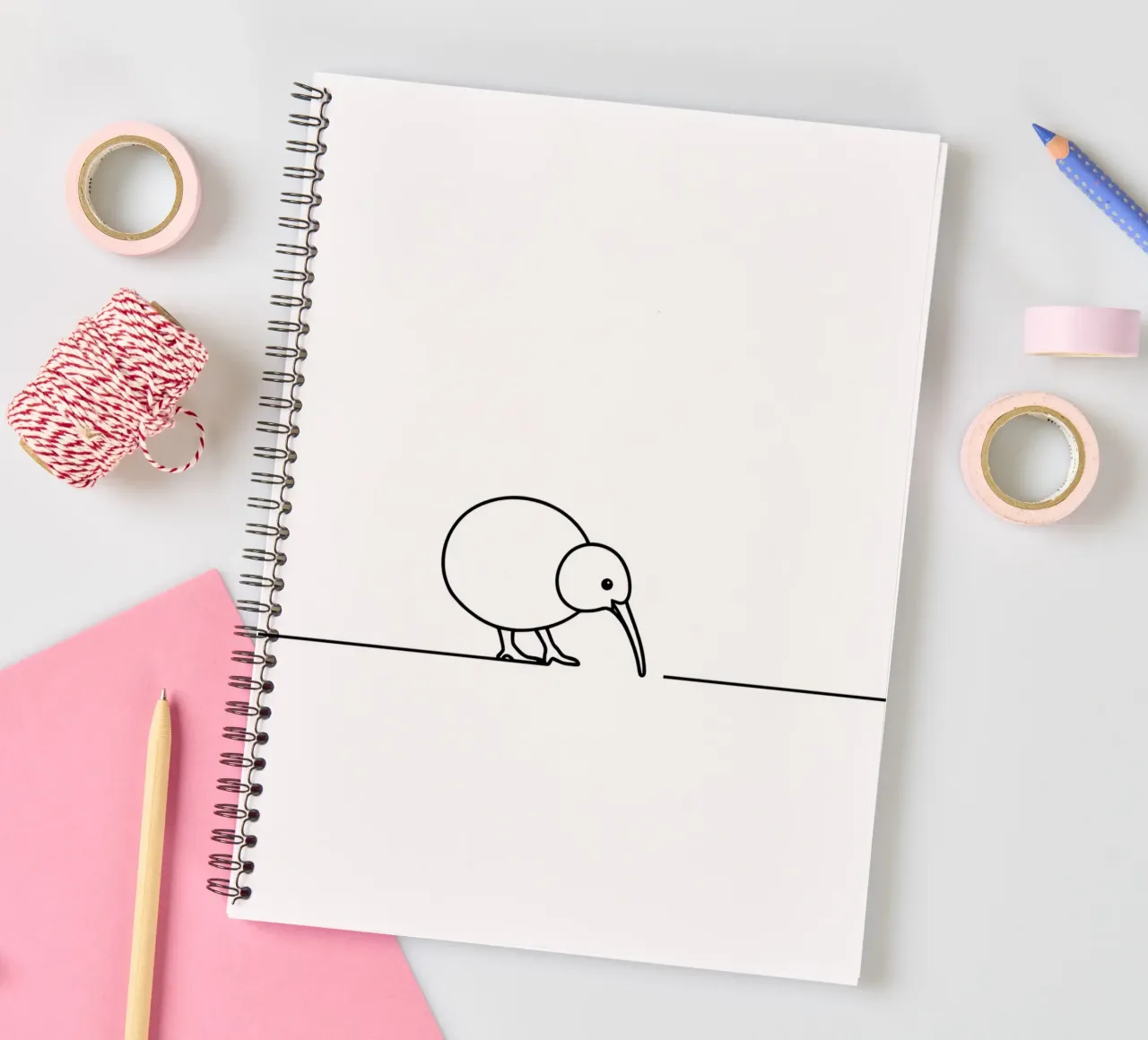 Kiwi Bird Minimalist Line Art Drawing spiral notebook by Viv Line Art